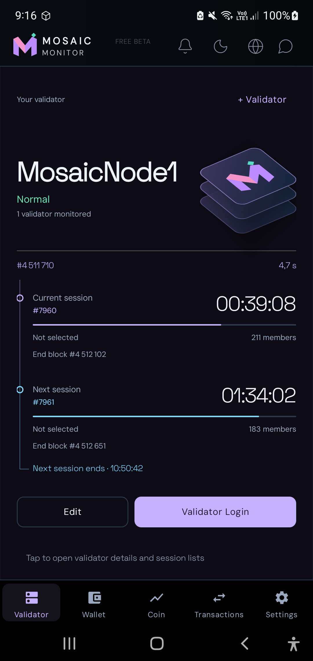 A Mosaic Monitor valódi képernyőképe a MosaicNode1 validátorral